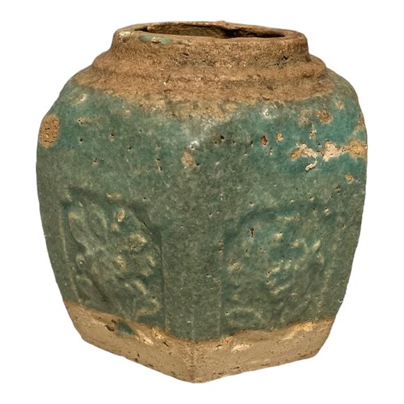 Qing Dynasty Ginger Pot Jar Vase Glazed Earthenware Green c1900 Floral Design Sh - Picture 3 of 7